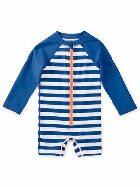 Tea Collection Blue & White Stripe Long-Sleeve Rashguard with Orange Zipper 6-9M